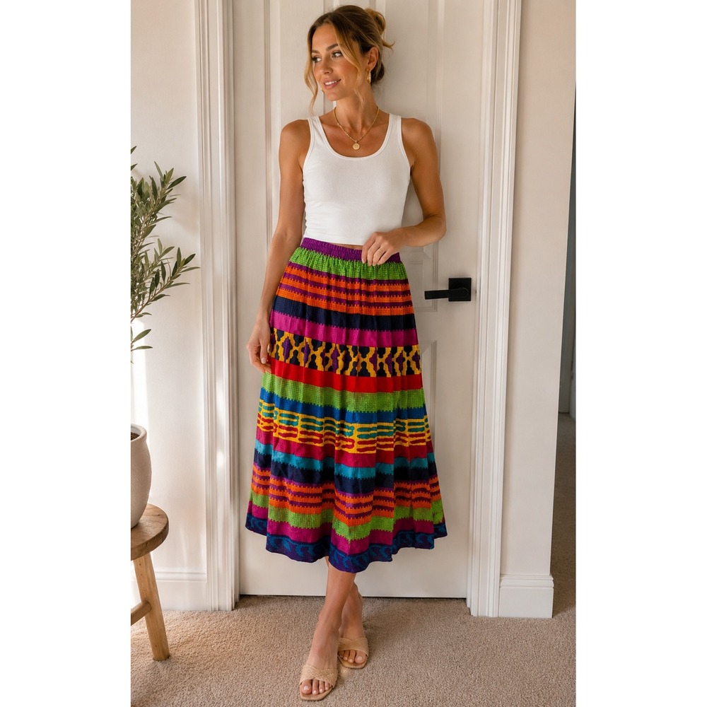 Anne Klein Skirt Womens M Multicolor Silk Maxi Pleated Geometric Vintage 90s